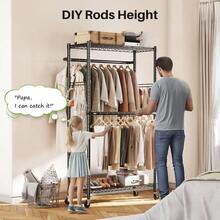 HOKEEPER Double Clothes Rack Clothes Rail With Height Adjustable Shelves Load 181KG Garment Racks With Side Mesh Board And Hooks Freestanding Clothing Racks For Hanging Clothes - Black - View 4