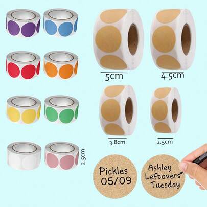 500 个牛皮纸标签 - 1 卷空白圆形标签，适用于整理、礼品和罐子 - 可书写表面用于定制信息