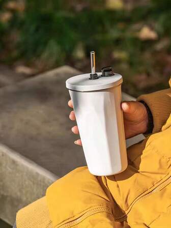 1pc 600ml Stainless Steel Insulated Tumbler Cup With Straw, Vacuum Portable Coffee Mug For Outdoor Sports