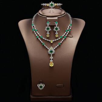 1 套 5 件奢华时尚锆石项链、耳环、手链、戒指 4 件套女士珠宝套装，适合新娘婚礼派对晚礼服订婚高端配饰，礼物