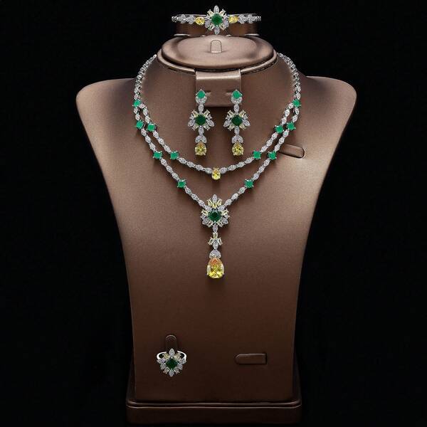 1 Set Of 5pcs Luxury Fashion Zirconia Necklace, Earrings, Bracelet, Ring 4-Piece Jewelry Set For Women, Bridal Wedding Party Evening Dress Engagement High-End Accessories, Gift