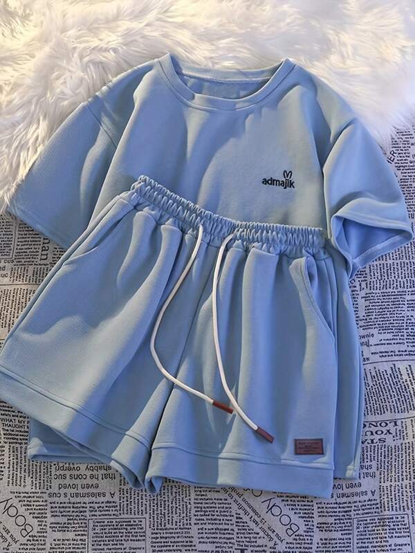 2pcs Casual Sports Set, Summer Loose Fit Short Sleeve Shirt And Shorts, Embroidery Decor