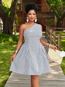 BIUBIU Women's Plus Size Striped Asymmetrical Single Shoulder Sleeveless Striped Printed Short Mini Dress, Suitable For Passionate Vacations, Daily Leisure Commuting, Fashionable Street Style