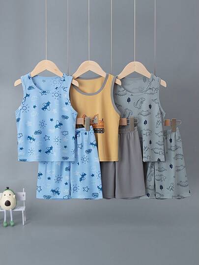 6件套男童卡通挖掘机/恐龙印花背心和短裤睡衣套装，夏季轻便家居服