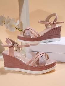 Sandales compensées à brides croisées et ouvertes à paillettes or rose pour femmes grandes tailles. Chaussures de plage décontractées et à la mode pour l'été, essentielles pour les voyages - Or rose - Voir 6
