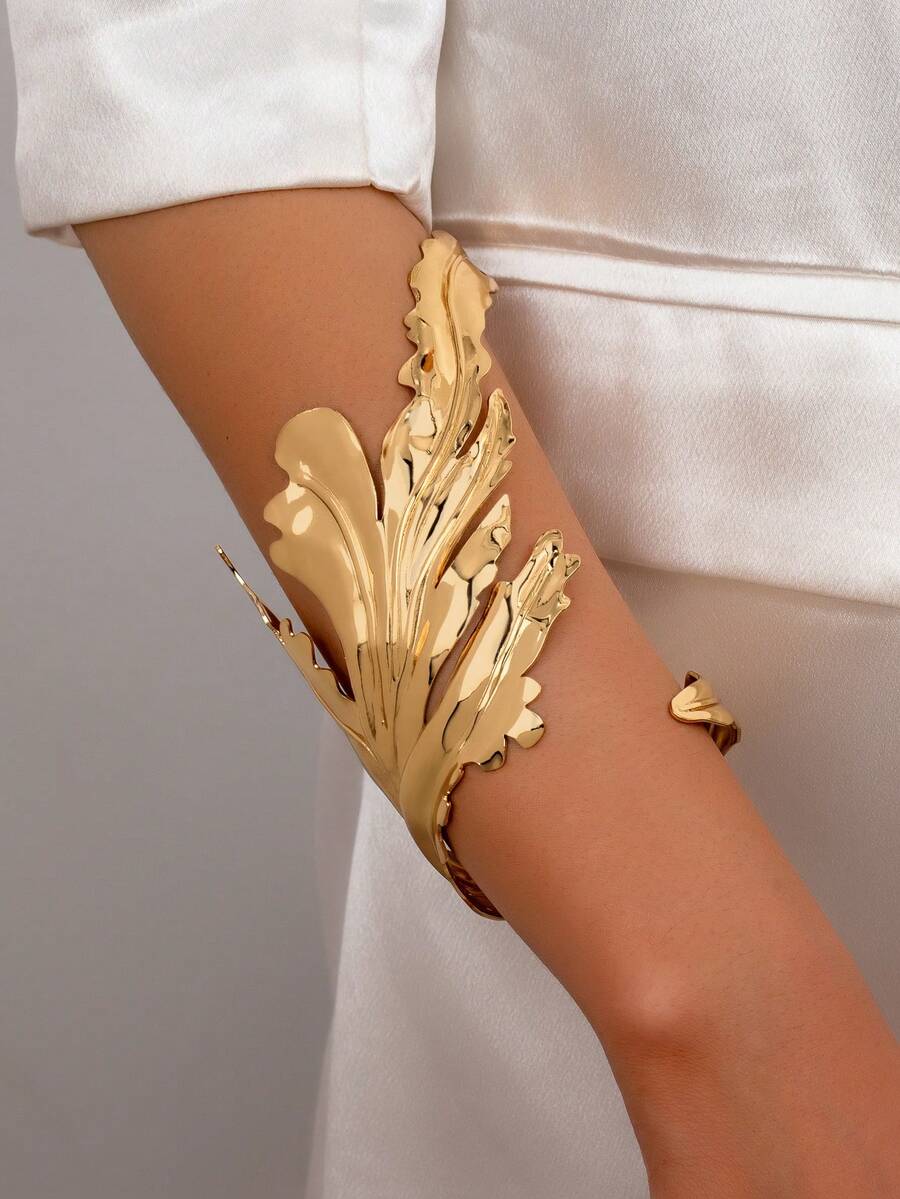 1pc Seaweed Textured Bangle Bracelet, Women's Summer Jewelry, Beach Style Arm Cuff/Bracelet - Gold - View 1