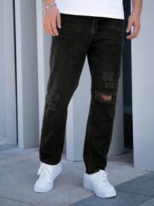 Men's Simple Solid Color Distressed Straight Leg Jeans