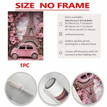 1pc Framed Canvas Art - Eiffel Tower And Pink Float With Vintage Pink Cars And Cherry Blossoms, Great For Home, Office Or Kitchen Decor, Bedroom Decor | Paris Vintage Theme | Premium Craftsmanship - Made Of Canvas (Optional Frame)