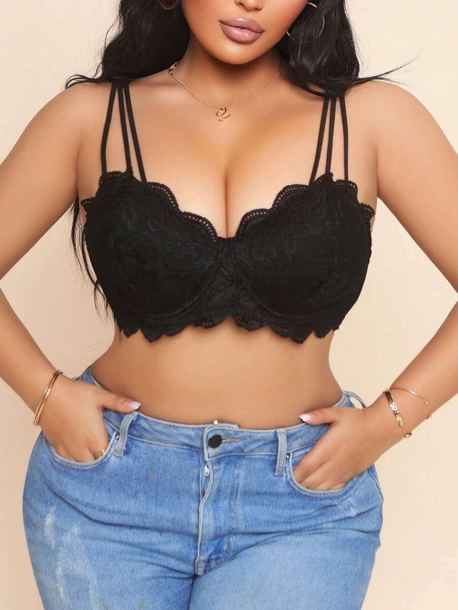 Plus Size Women Elegant Lace Embellish Wireless Bra With Adjustable Straps, Sexy Ultra-Thin Cup Bra - Black - View 1