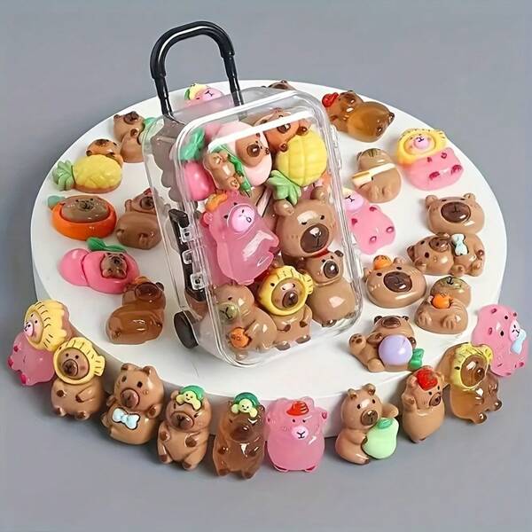 Conjunto de 21 peças [20 peças de capivara mista + 1 mala] Pingentes de capivara coloridos, divertidos e luminosos, fofos, de desenho animado, usados para artesanato, capas de celular, acessórios de cabelo, brincos, chaveiros - Pingentes de animais de desenho animado, suprimentos de resina para bricolage, brilham no escuro sem pilhas