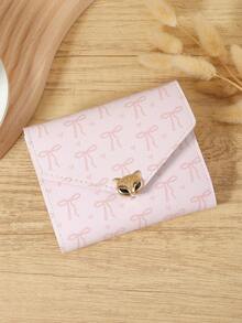 Pink Love & Bow Print 3-Fold Wallet Purse, Fox Head Metal Hardware With Multi-Card Slots, ID Window & Bill Compartment, Unisex Slim Compact For Daily Use, Travel & Shopping, Cute Lightweight Accessory - Pink - View 5
