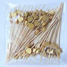 500pcs/200pcs/100pcs/50pcs/20pcs/10pcs Appetizer Toothpicks, Bamboo Cocktail Sticks, Heart-Shaped Food Skewers, Gold-Plated Cocktail Sticks, 12cm Fruit Picks, For Catering, Party, Wedding, Birthday, Graduation - Gold - View 7