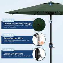7.5ft/9ft/10ft Patio Umbrella With Crank Lift & Push Button Tilt, Table Umbrella Outdoor Patio 8 Sturdy Ribs For Yard, Deck, Pool, 7 Colors For Choices, Dark Green - 墨綠色 - 查看 2