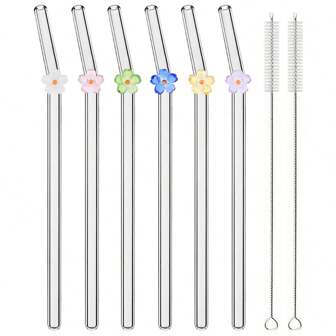 Jokipvy 6pcs Creative Flower Shaped Drinking Straws With Cleaning Brushes, 200*8mm High Borosilicate Glass Straws, Easy-To-Clean Curved Straw Set, Suitable For Bubble Tea, Milkshakes, Juice, Cocktails, Kitchen Party Bar Drinking Accessories,School Supplies