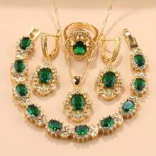 18K Gold Plated Colorful Cubic Zirconia Fashion Party Luxury Quality Wedding Bridal Elegant Jewelry Sets For Women Necklace Pendant Earrings Bracelet Ring 5-Piece Sets Gift