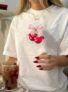 Disney Camiseta de mujer de manga corta de cuello redondo con estampado de cerezas y Mickey en estilo casual y suelto, colaboración Disney, color blanco, talla S