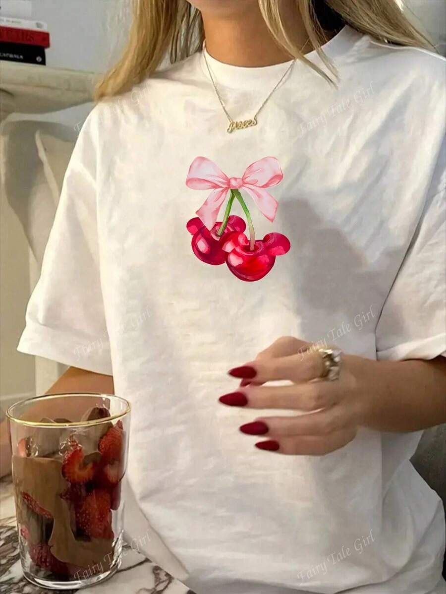 Disney Camiseta de mujer de manga corta de cuello redondo con estampado de cerezas y Mickey en estilo casual y suelto, colaboración Disney, color blanco, talla S