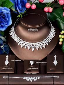 1 conjunto de joias de zircônia cúbica brilhante para mulheres, adequado para noivas, casamentos, festas, vestidos, festivais, incluindo colar, brincos, pulseira, 4 peças, moda