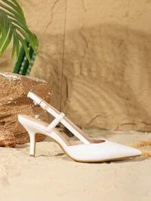 On feet& in love 2025秋冬女装时尚优雅尖头单扣露跟细高跟鞋，百搭连衣裙、婚礼服饰，优雅猫跟鞋 - 白色 - 查看 6