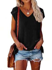 3 piezas Camisetas de manga corta con cuello en V liso, ropa casual de mujer para primavera y verano