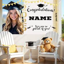 1pc Personalized 2025 Graduation Portrait & Name Custom Party Banner, Polyester Fabric, Graduation Themed Photo Background Suitable For Home, Outdoor, Yard, Classroom, Decor