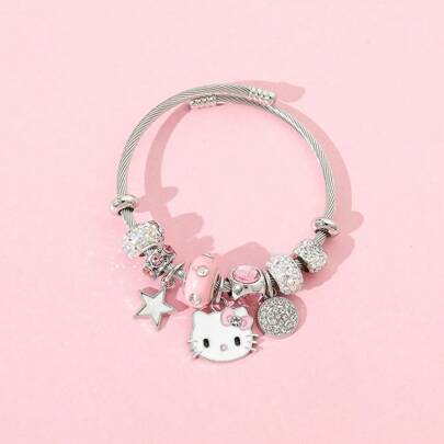 Sanrio 1pc Cartoon Sanrio Series KT Cat, Little White Rabbit, Kuromi Heart Rhinestone Alloy Bracelet, Cute & Versatile For Daily Wear