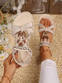 Fashion Woven Breathable Sandals, Beaded Design Flat Beach Sandals, New Stretch Band Beige Sandals