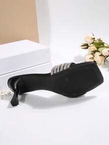 Women's Faux Leather Strap Slip-On Sandals, New Summer Fashion Thick Heeled Korean Style High Heel Outdoor Slippers, Black, Suitable For Street, Party, Commute, Business