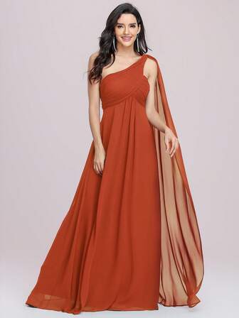 EVERPRETTY Vestido naranja brillante de gasa plisada con diseño de pieza flotante de un solo hombro elegante para dama de honor