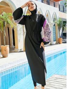 Burkini Muslim Women's Swimsuit Plain Islamic Swimsuit Printed Long Sleeved Full Set 3PCS Set Beach Wear With Hat - Black - View 4