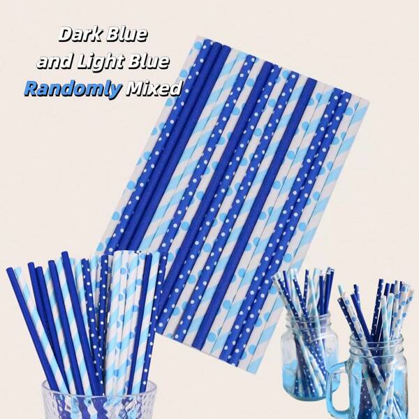 Blue Paper Straws(10pcs Or 25pcs) Drinking Disposable Straws Disposable Straws, 6 Pattern Polka Dots, Stripes, Stars For BB Shower, Party,Birthday,School Supplies
