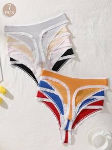 Set de 7 piezas/paquete de bragas tipo tanga con acentos de moño y textura acanalada para mujer, suaves y cómodas, de colores contrastantes, adecuadas para todas las estaciones