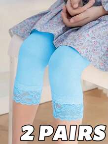 2/3/4/5 Pairs Lace-Trimmed Candy Color Girls 3/4 Leggings & Capri Shorts, Spring/Summer