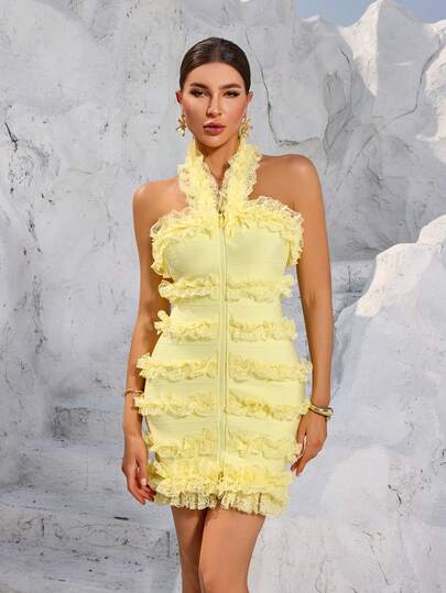 Bernatova Women Sexy Halter Yellow Designer Knit Zip Ruffle Mini Bandage With Lace , Bodycon Cute Stylish Party Club Activity For Birthday, Homecoming , Graduation , Wedding Guest , Dinner Party, For Cocktail
