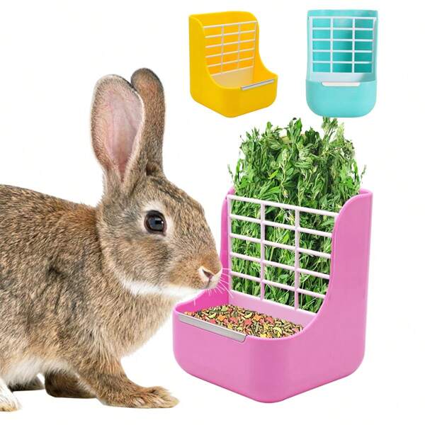 Rabbit Feeder, Hay Food Bin Feeder, Pink (Plastic), Adjustable, Removable Grass Rack, Stainless Steel Edge, For Rabbit, Guinea Pig, Chinchilla