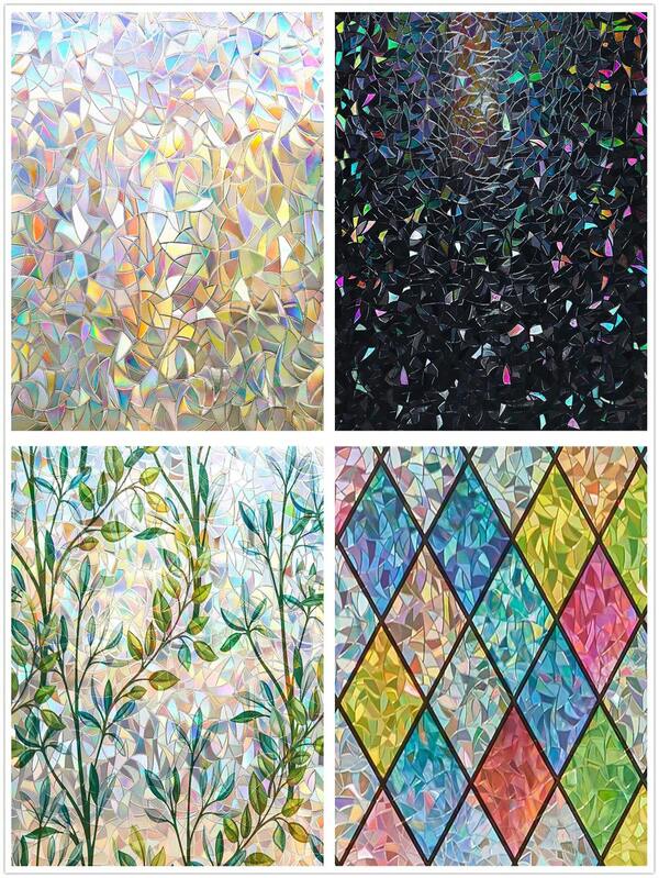 1Roll Window Privacy Film Stained Glass Rainbow 3D Prism Decorative Iridescent Window Sticker Static Cling Suncatcher UV Protection For Home Heat Control Wall Decor Room Decor Stickers Personalised Stickers