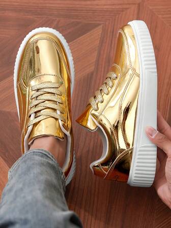 New Fashionable Casual Glossy Solid Color Lace-Up Low-Top Sneakers For Men, Youth And Couples Unisex Skate Shoes With Anti-Slip And Durable Soles, Suitable For Outdoor Activities And Daily Wear