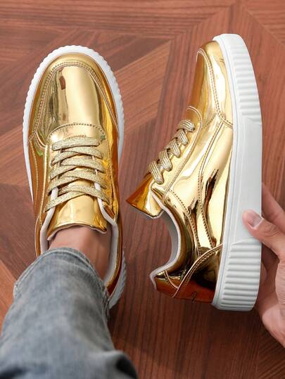 New Fashionable Casual Glossy Solid Color Lace-Up Low-Top Sneakers For Men, Youth And Couples Unisex Skate Shoes With Anti-Slip And Durable Soles, Suitable For Outdoor Activities And Daily Wear