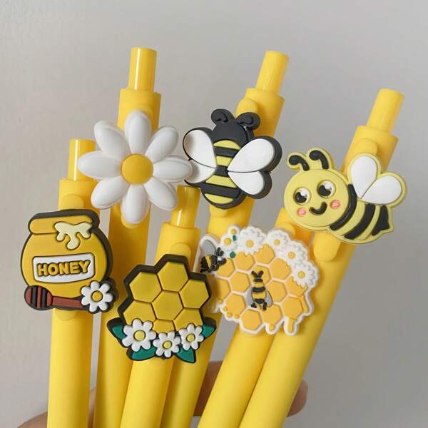 Set de 6 bolígrafos con temática de abeja, tinta negra de 0.5mm, adecuados para regalos de fiesta, útiles escolares y de oficina