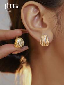 Hihho 1 Pair Fashion Vintage Multilayer Line Zirconia Inlay Hollow Out Stud Earrings, Gold And Silver Color Available, Suitable For Gift, Daily Wear And Party - Earrings - View 5