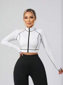 Women Colorblock Splice Sporty Jacket, Short Fitted Elastic Zip-Up Track Jacket For Running, Fitness, Yoga