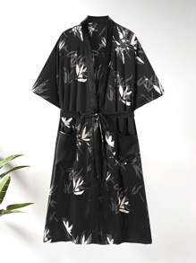 New Style Men's Fashion Casual Leaf Print Short Sleeve Belted Robe In Woven Fabric