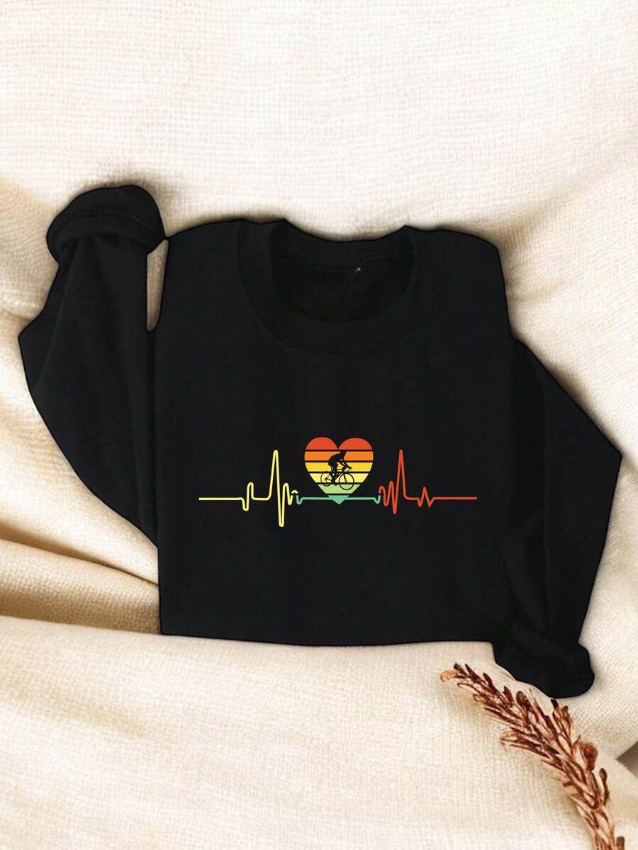 Cycling Heartbeat Pulse Sweatshirt, Mountain Biking Sweatshirt, Pedal And Pulse Sweatshirt, Gift For Cycling Lover, Rider Sweatshirt TT1068 - 黑色 - 查看 1