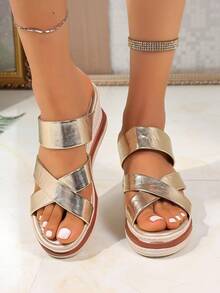 Women's Round Toe Platform Wedge Sandals, Suitable For Daily, Commute, Outdoor, Office, Campus Wear, Criss-Cross Straps, Suitable For Summer, Glamorous & Elegant, Lightweight, Breathable, Gold Sandals, Silver Slippers - Gold - View 4