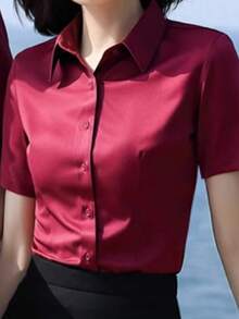 Wine Red Short Sleeve Women's Shirt, Office Wear Blouse For Work, Spring/Summer 2025 New Arrival, Professional Business Women's Top, Summer - Dark Red - View 4