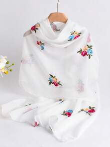 1pc Elegant Floral Embroidered Linen Scarf, Fashionable Versatile Hijab/Shawl For Women, Lightweight And Windproof For Outdoor, Daily Wear