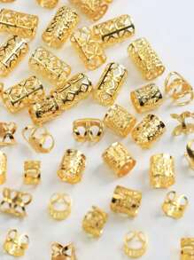 50 Stücke/Set elegante Vintage Gold Haargummis - Metall Haarflechten Perlen, elaboriertes Design, geeignet für Zöpfe, Cut Out-ovale einfarbige Haarschmuck-Set, Haarflechtendekoration | Anmutige Haargummis | Metall Haarringe, Haarschmuck