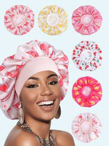 1PC Printed Animal Fruits Casual Cute Satin Hair Bonnet Wide Brimmed Elastic Band Splicing Sigle Layer Sleeping Night Caps For Women Hair Care Hats Curly Bonnet