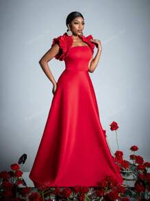 Sleeveless Ruffled-Trim Formal Dress - Timeless Elegant Gown With Fitted Bodice & Flowy Silhouette For Spring-Summer Weddings, Galas, Receptions, Red Carpet, Party Dress, For Cocktail