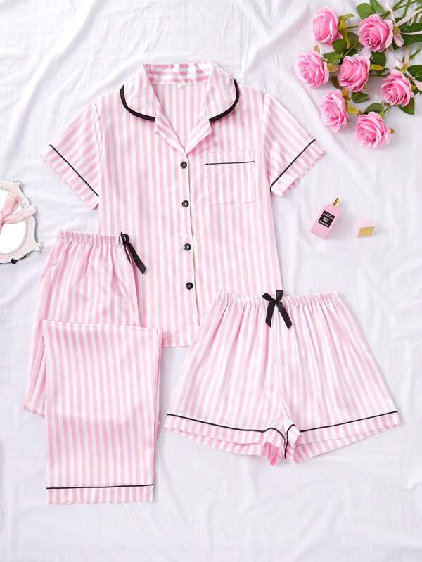 3-Piece Short Sleeve Top & Shorts & Pants Striped Printed Pocket Homewear Set, Women Summer Spring Pajamas, Vacation